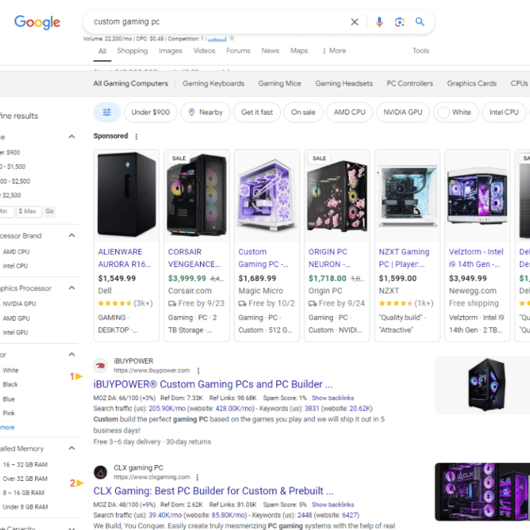 google search for custom gaming pc